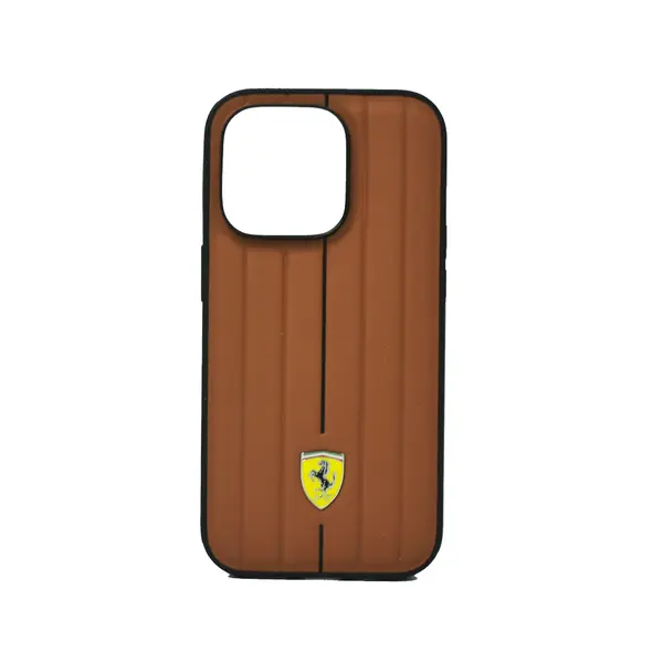 Ferrari Leather Case With Embossed Stripes Yellow Shield Logo For iPhone 14 Pro Camel