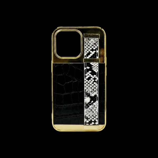 Gold Frame Croco Leather Back Grip Case iPhone 13 Pro Black