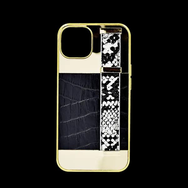 Gold Frame Croco Leather Back Grip Case iPhone 14 Black