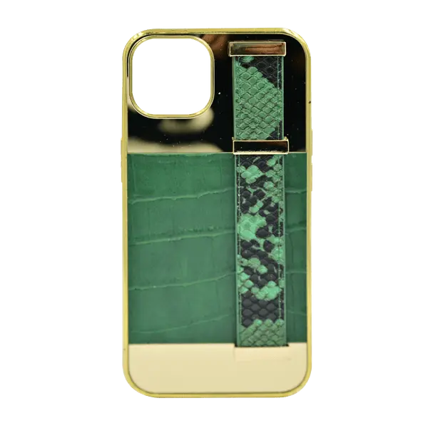 Gold Frame Croco Leather Back Grip Case iPhone 14 Green