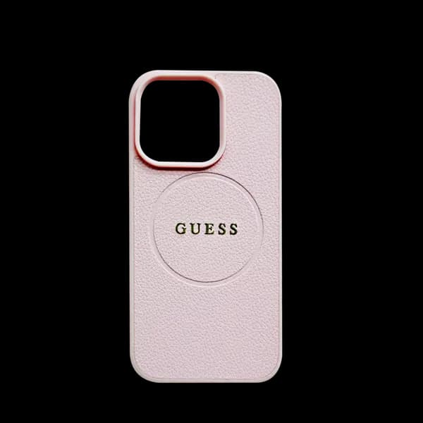 Guess MagSafe Pu Grained Hard Case With Gold Ring For iPhone 16 Pro Pink