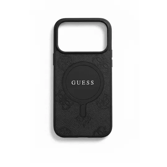 Guess MagSafe Pu Leather Case With Peony Hot Stamp Design With Classsic Logo For iPhone 17 Pro Black