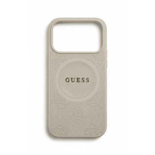 Guess MagSafe Pu Leather Case With Peony Hot Stamp Design With Classsic Logo For iPhone 17 Pro Beige