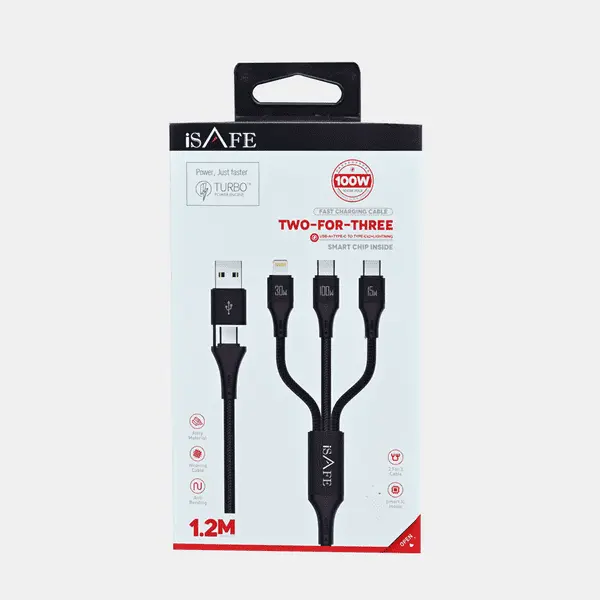 iSAFE Two For Three 100W Fast Charging Cable 1 2M