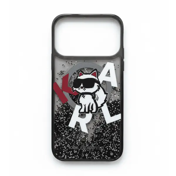 Karl Lagerfeld MagSafe Liquid Glitter Case With Scattered Choupette Logo For Ipho Ne 17 Pro Black