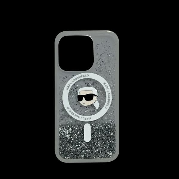 Karl Lagerfeld MagSafe Liquid Glitter Hard Case With Karl Head For iPhone 16 Pro Clear