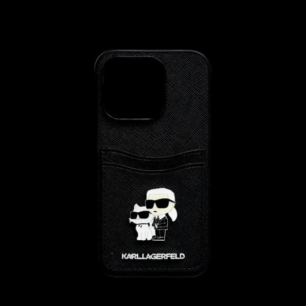 Karl Lagerfeld Saffiano Case With Cardslot And Karl Lagerfeld Choupette Heads Metal Pin iPhone 15 Pro Black